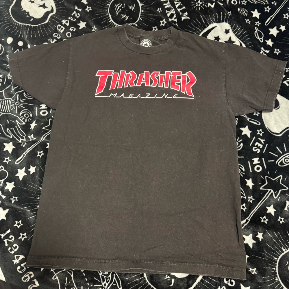 Thrasher Black Tee with Red and White Logo